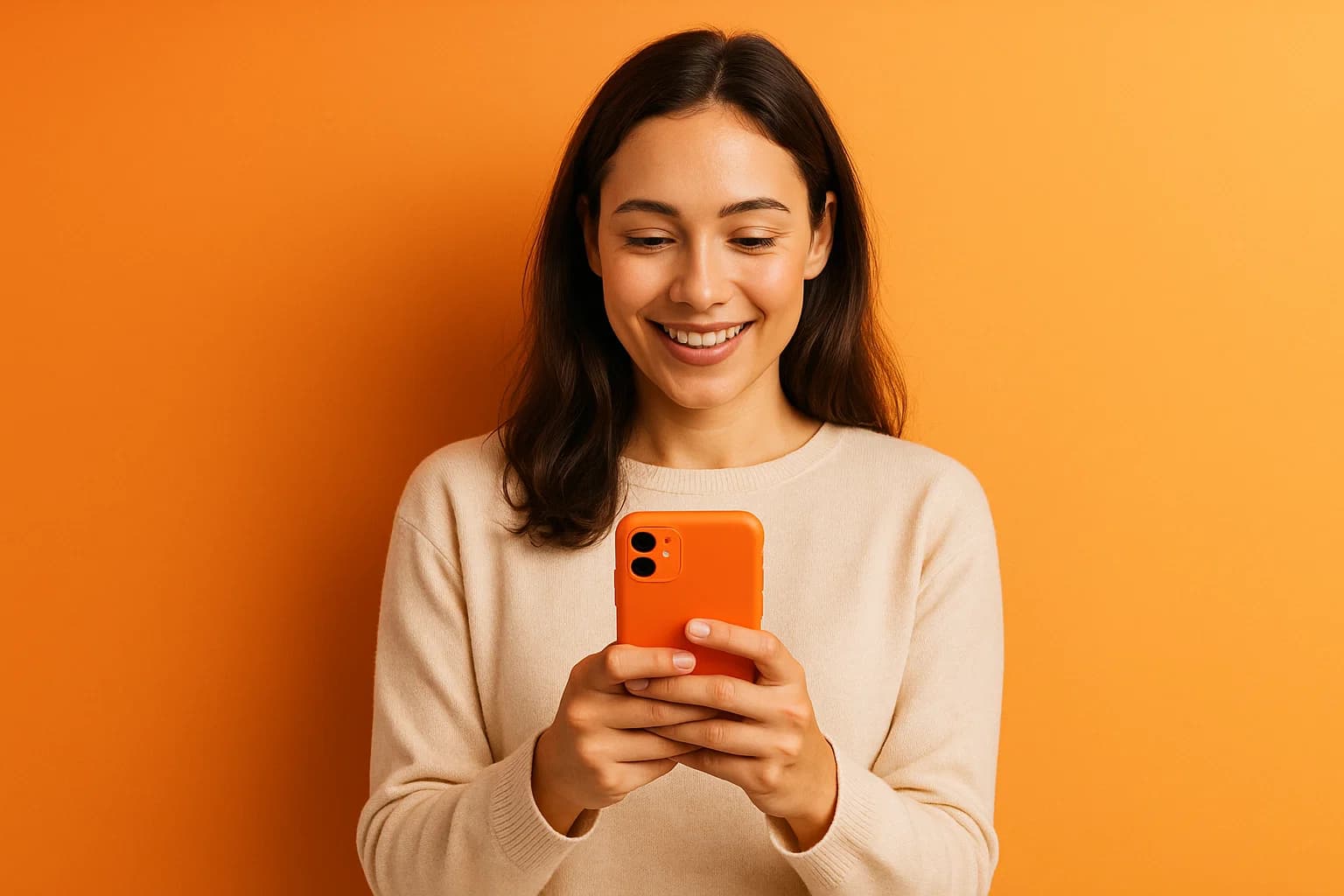 Woman in orange sweater smiling while using mobile phone